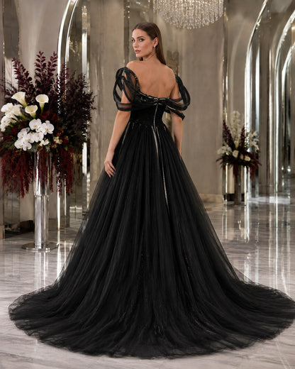 Off-Shoulder Crystal-Beaded A-Line Evening Gown with Sculptural Tulle Sleeves