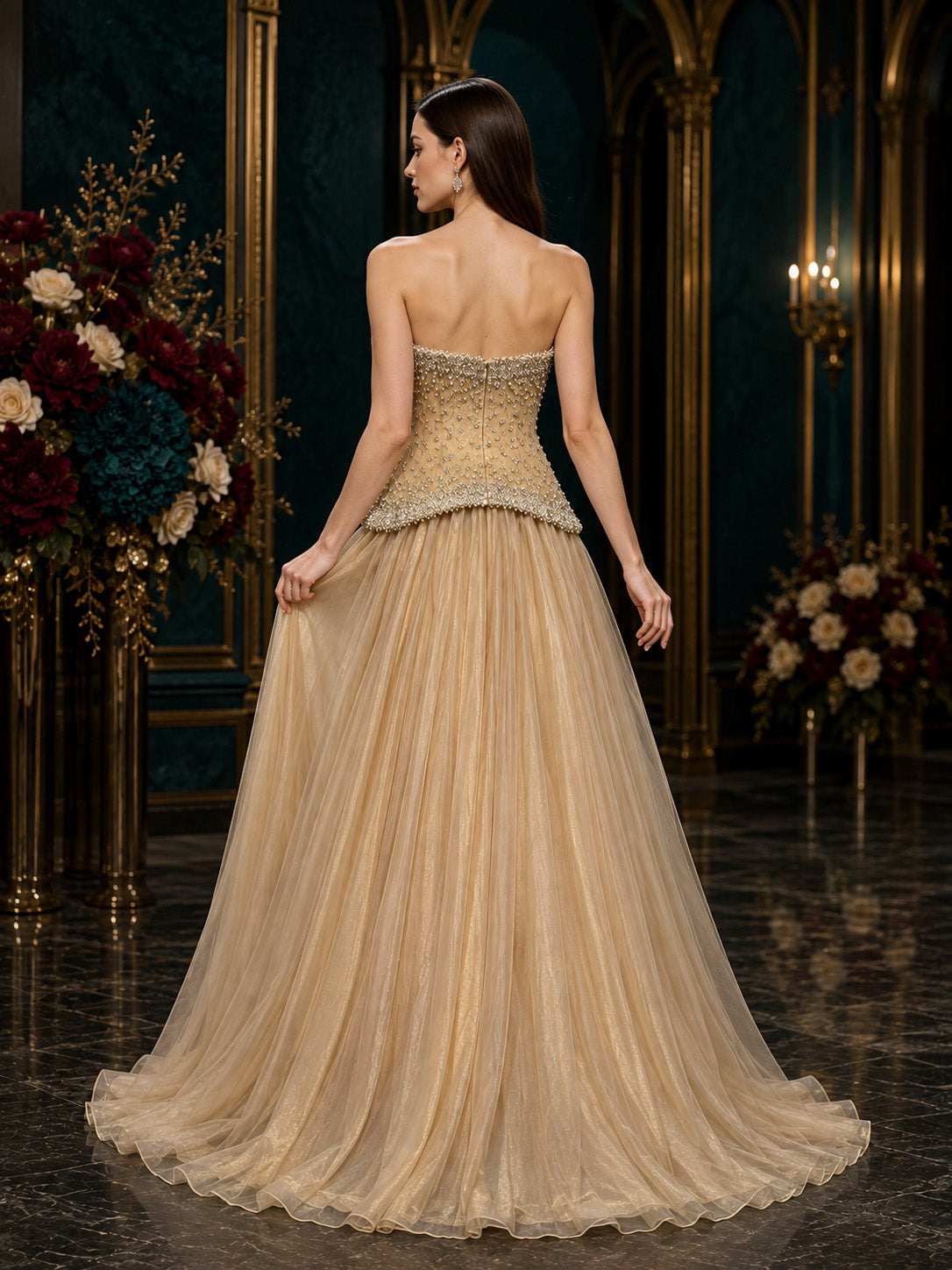 Strapless Sweetheart Pearl-Beaded Peplum Tulle A-Line Evening Gown