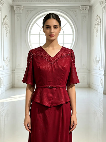 Elegant Lace Mother of The Bride Dress with Peplum Top, V Neck Formal Evening Gown