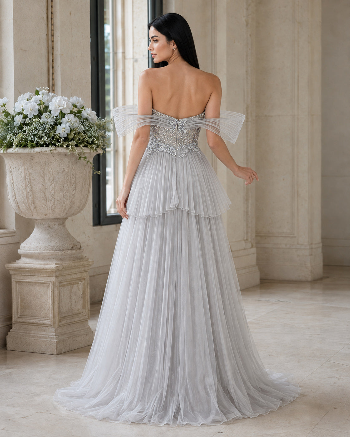 Sculptural Off-Shoulder Plunging Sweetheart Beaded Tulle A-Line Evening Gown