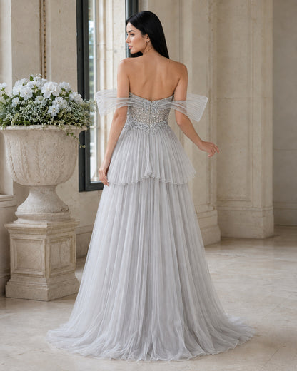 Sculptural Off-Shoulder Plunging Sweetheart Beaded Tulle A-Line Evening Gown