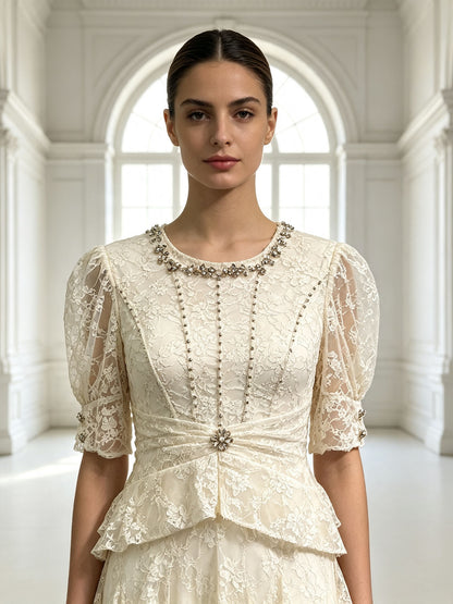 Elegant Lace Peplum Formal Evening Dress Short Sleeve Floor Length Wedding Guest Gown