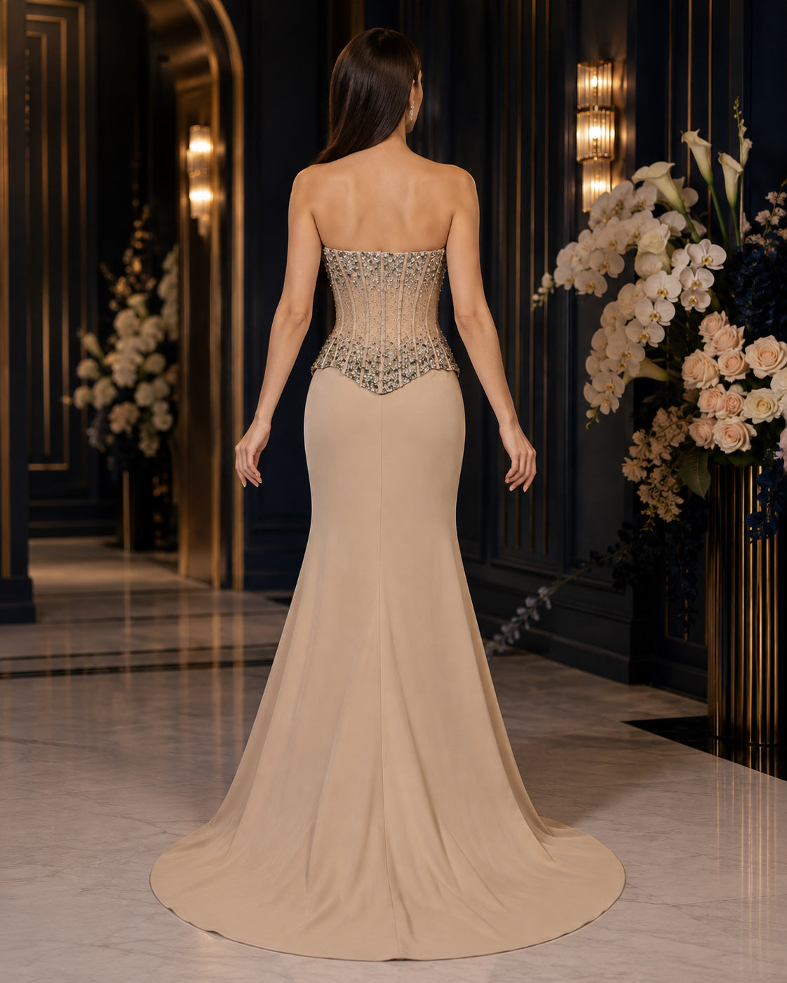Strapless Crystal-Beaded Peplum Mermaid Evening Gown with Front Slit