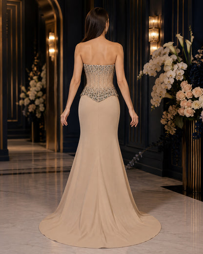 Strapless Crystal-Beaded Peplum Mermaid Evening Gown with Front Slit