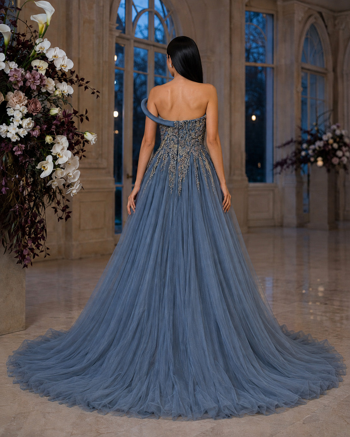 Strapless Sculptural Sweetheart Crystal-Beaded Tulle A-Line Prom Gown