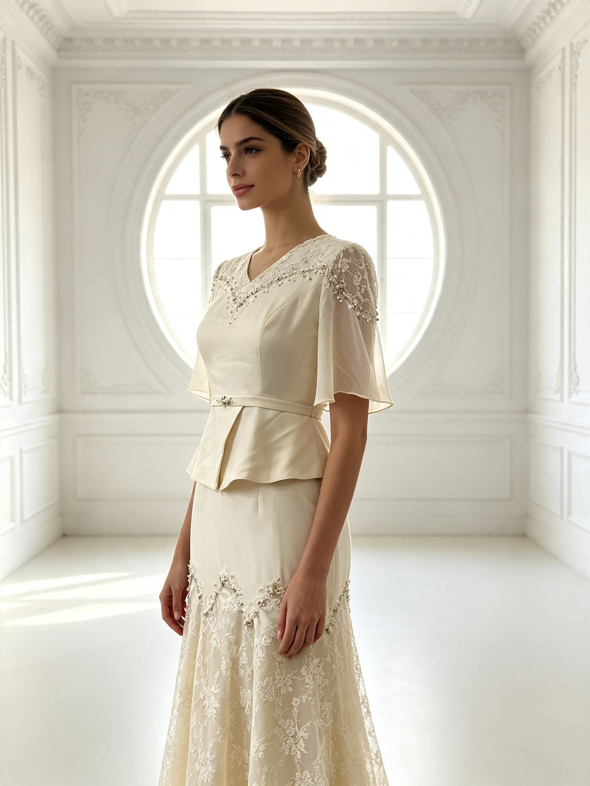 Elegant Lace Mother of The Bride Dress with Peplum Top, V Neck Formal Evening Gown