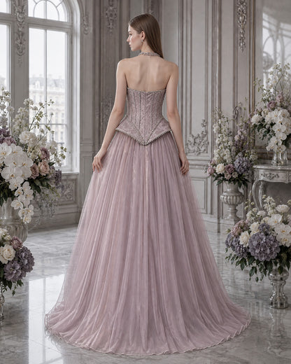 Strapless Sweetheart Crystal-Beaded Lace Basque-Waist A-Line Evening Gown