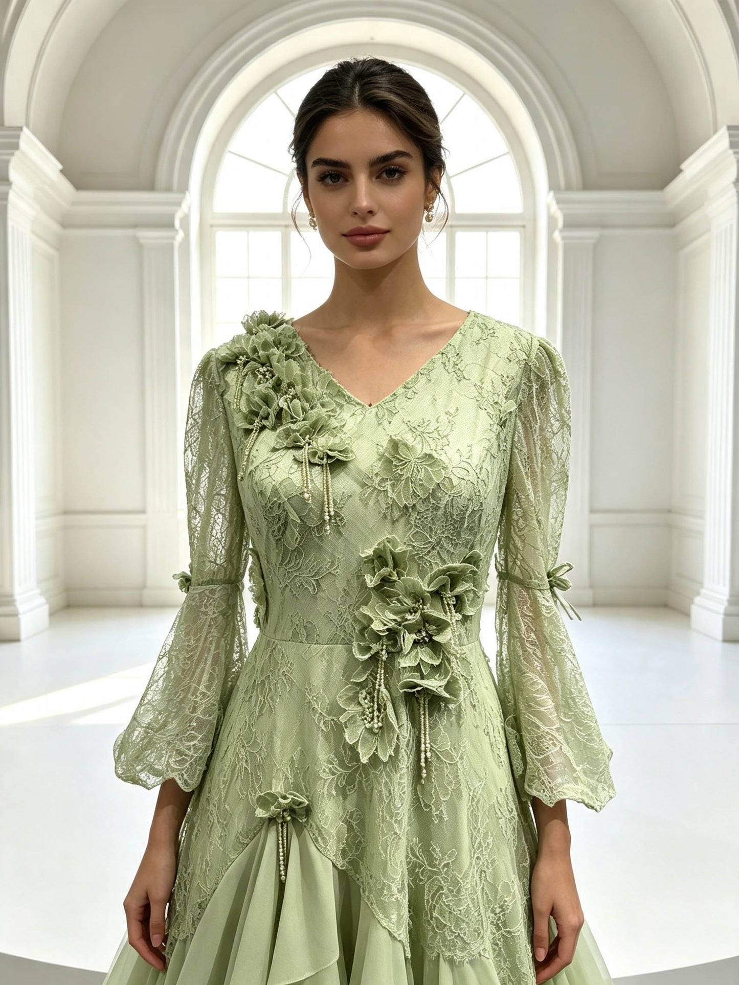 Plus Size Sage Green Lace Wedding Guest Dress | 3D Floral V-Neck Flared Sleeve Ruffled Maxi Evening Gown