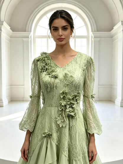 Elegant Lace Evening Dress with Floral Appliqué Long Sleeve A-Line Formal Gown