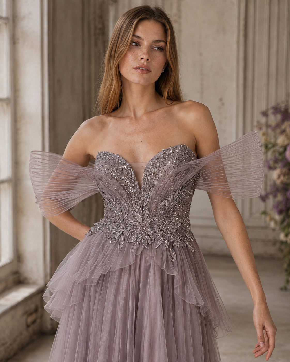 Sculptural Off-Shoulder Plunging Sweetheart Beaded Tulle A-Line Evening Gown