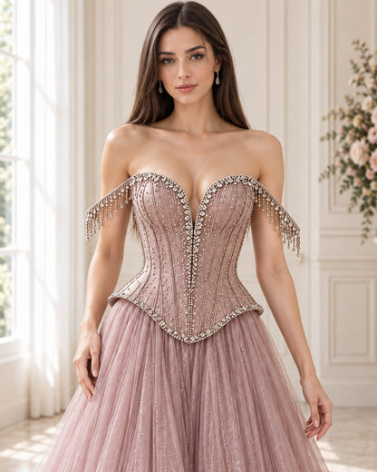 Off-Shoulder Sweetheart Crystal-Fringe Corset Tulle Ball Gown for Prom