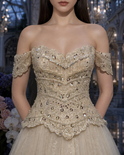 Off-Shoulder Scalloped Crystal-Beaded Lace Tulle A-Line Formal Gown