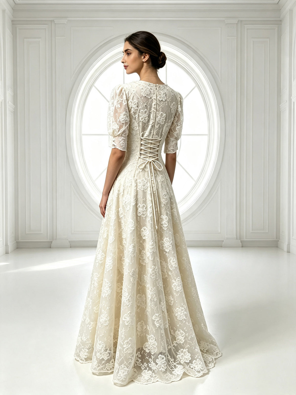 Elegant Ivory Lace Formal Dress with Floral Appliqué Puff Sleeves Long Gown