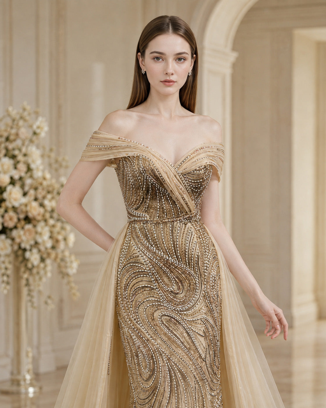 Off-Shoulder Draped Crystal-Beaded Mermaid Evening Gown with Tulle Overskirt
