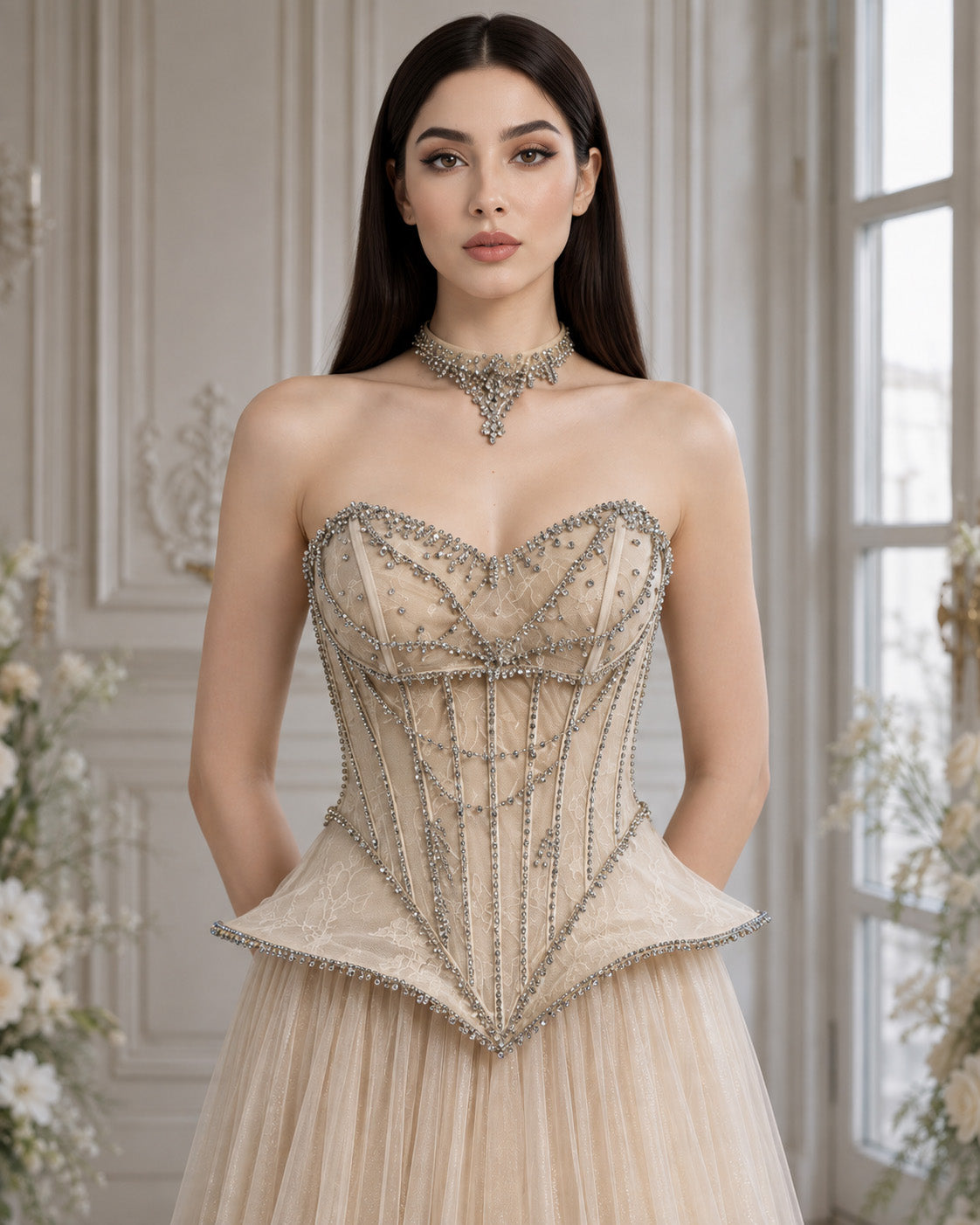 Strapless Sweetheart Crystal-Beaded Lace Basque-Waist A-Line Evening Gown