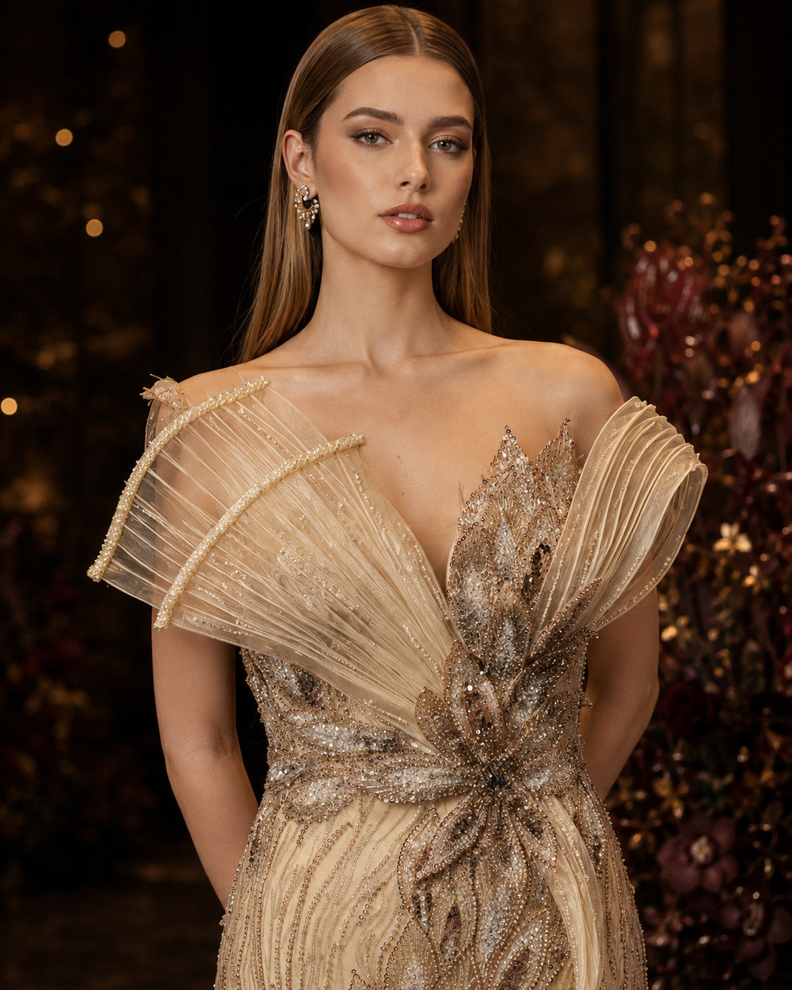 Sculptural One-Shoulder Leaf-Motif Beaded Mermaid Evening Gown with Train
