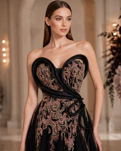 Strapless Sculptural Sweetheart Crystal-Beaded Tulle A-Line Prom Gown