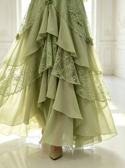 Elegant Lace Evening Dress with Floral Appliqué Long Sleeve A-Line Formal Gown