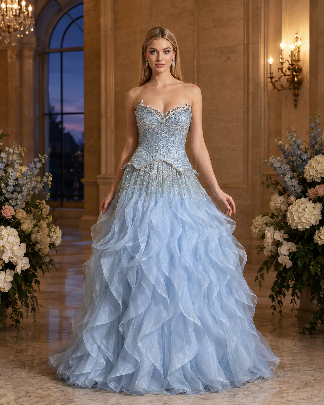 Strapless Sweetheart Crystal-Beaded Tiered Ruffle Tulle Prom Gown