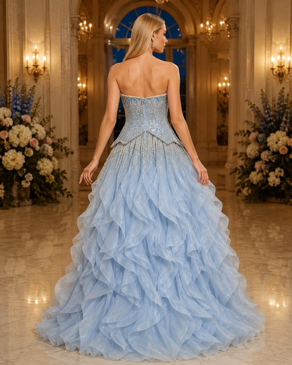 Strapless Sweetheart Crystal-Beaded Tiered Ruffle Tulle Prom Gown