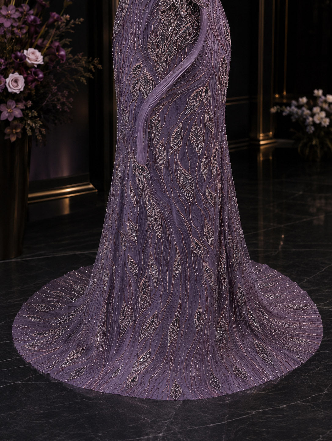 Sculptural One-Shoulder Leaf-Motif Beaded Mermaid Evening Gown with Train