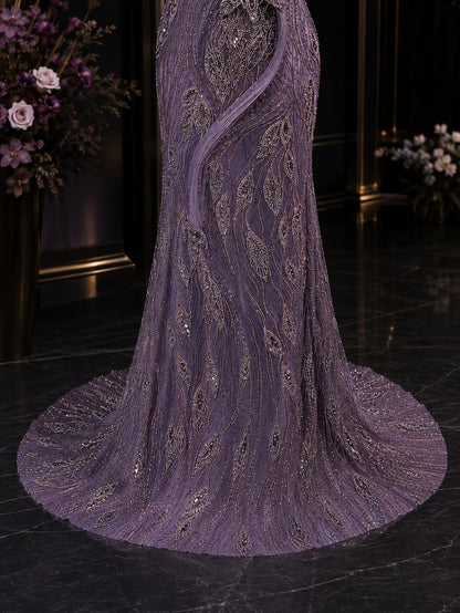 Sculptural One-Shoulder Leaf-Motif Beaded Mermaid Evening Gown with Train