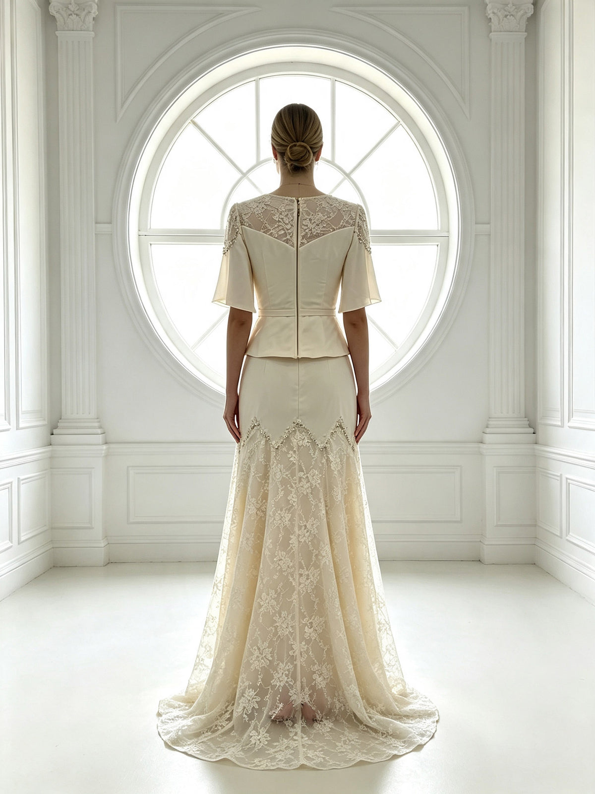Elegant Lace Mother of The Bride Dress with Peplum Top, V Neck Formal Evening Gown