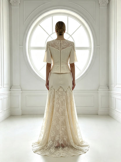 Elegant Lace Mother of The Bride Dress with Peplum Top, V Neck Formal Evening Gown