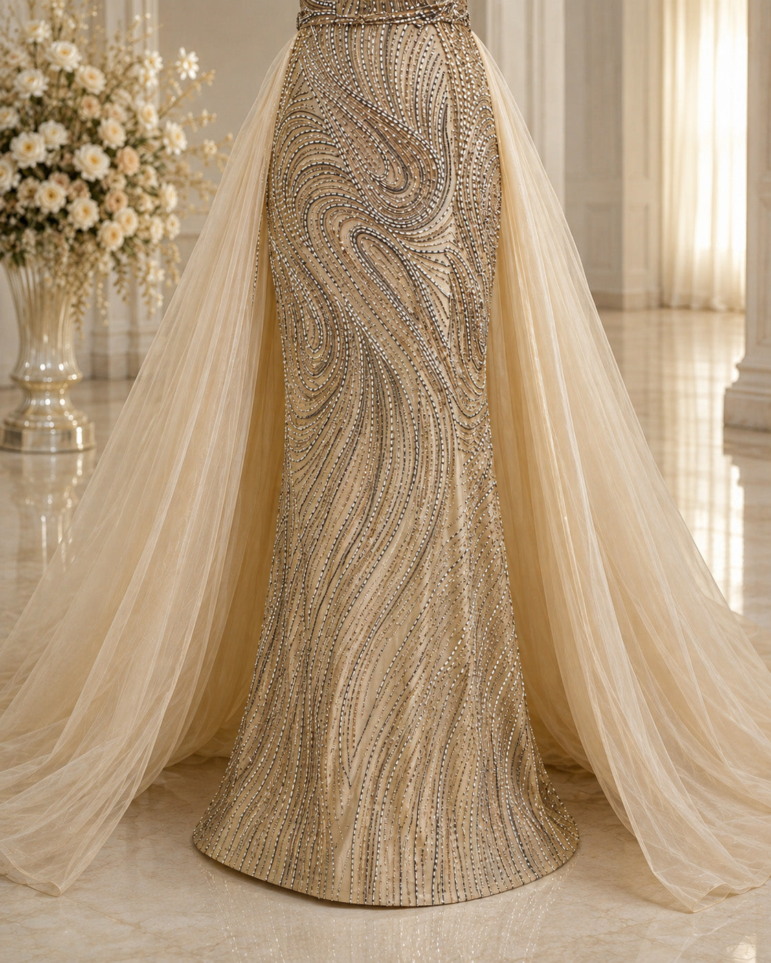 Off-Shoulder Draped Crystal-Beaded Mermaid Evening Gown with Tulle Overskirt