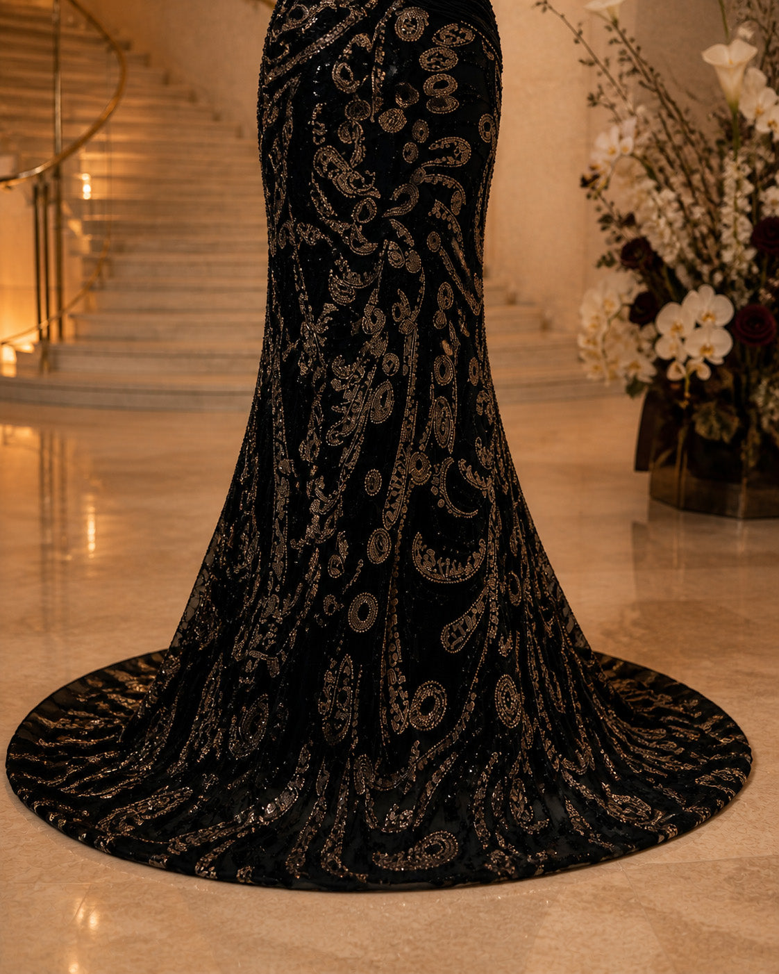 Sculptural One-Shoulder Paisley Sequin-Beaded Mermaid Evening Gown with Train