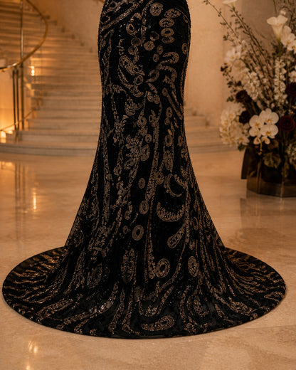 Sculptural One-Shoulder Paisley Sequin-Beaded Mermaid Evening Gown with Train