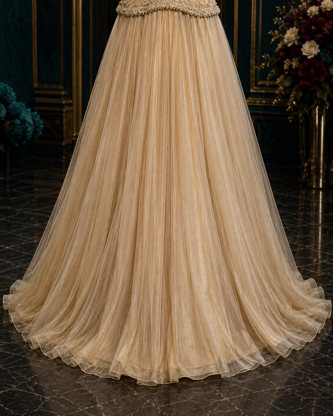 Strapless Sweetheart Pearl-Beaded Peplum Tulle A-Line Evening Gown
