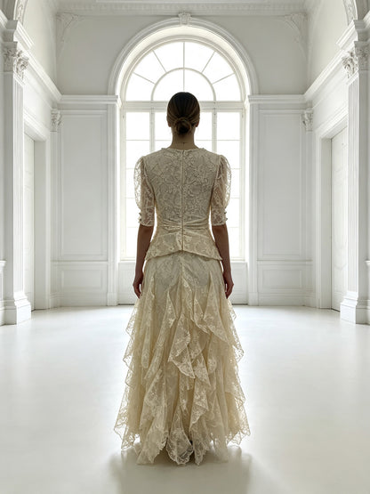 Elegant Lace Peplum Formal Evening Dress Short Sleeve Floor Length Wedding Guest Gown