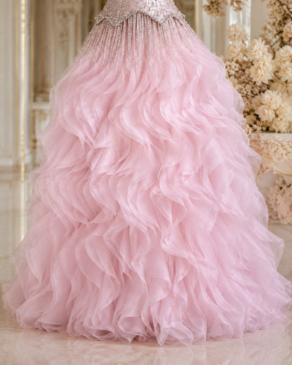 Strapless Sweetheart Crystal-Beaded Tiered Ruffle Tulle Prom Gown